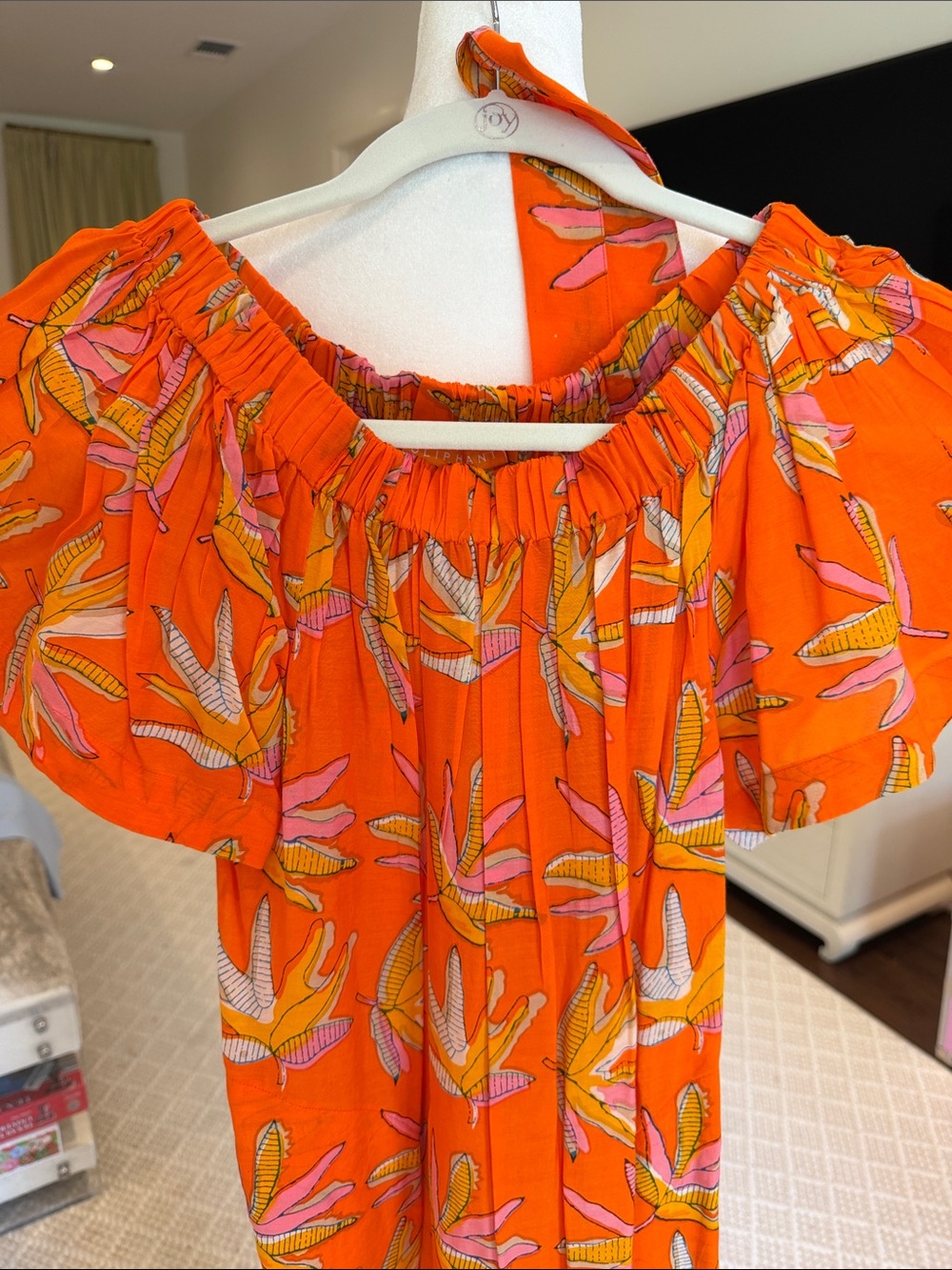 Oliphant- Women’s Orange Off The Shoulder Tropical Print MIDI Dress- Size: Small - Picture 3 of 9